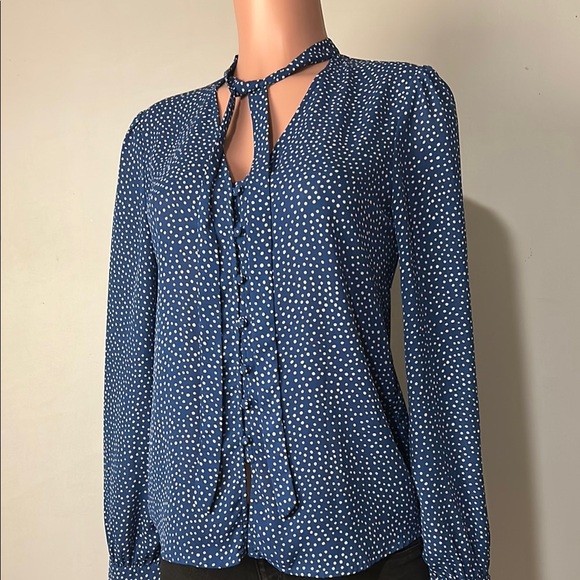 Lulu's_Women's Blue Polka dots Print Button Down Long Sleeve Top Blouse Sz S - Picture 6 of 12